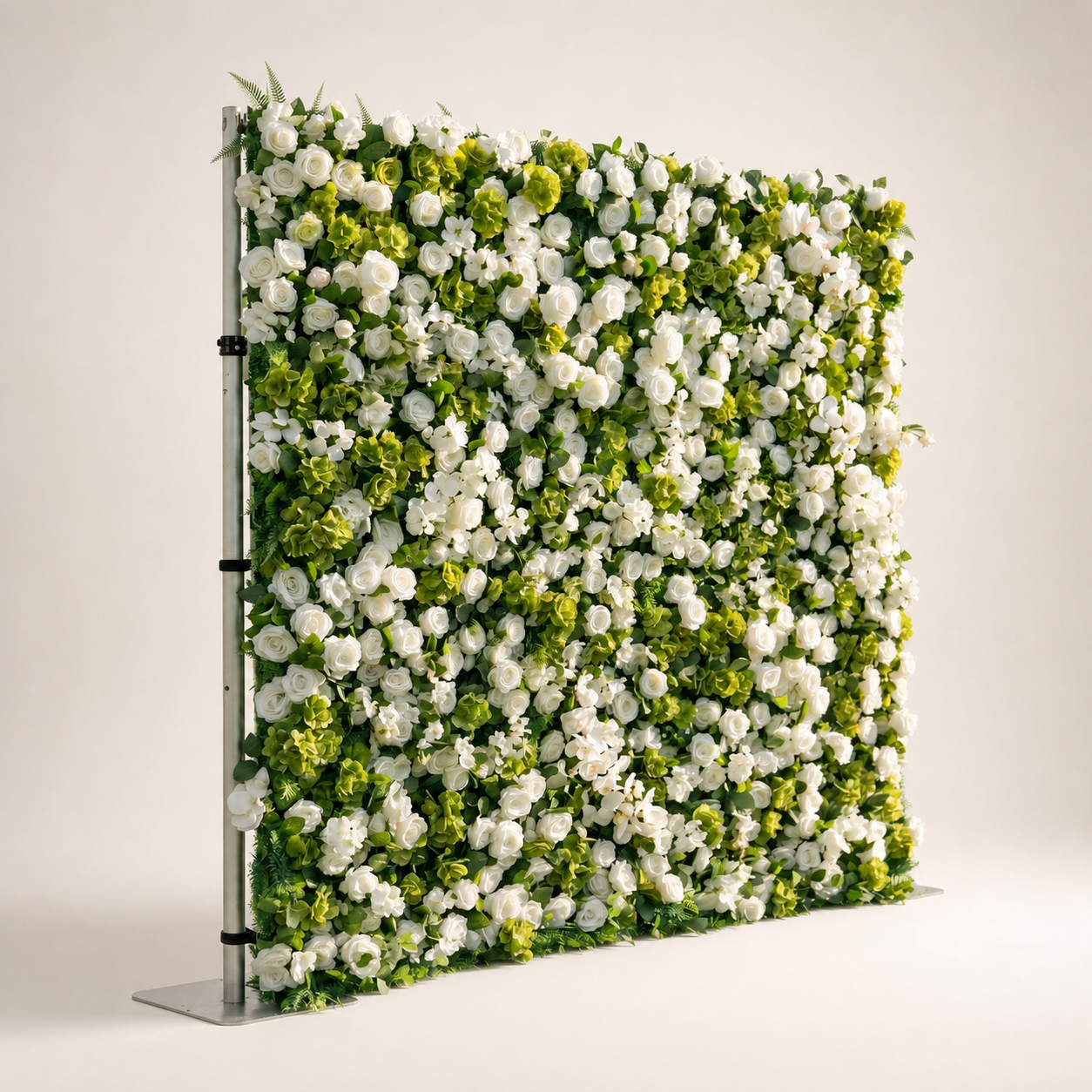 White and green artificial flower wall side view with support stand