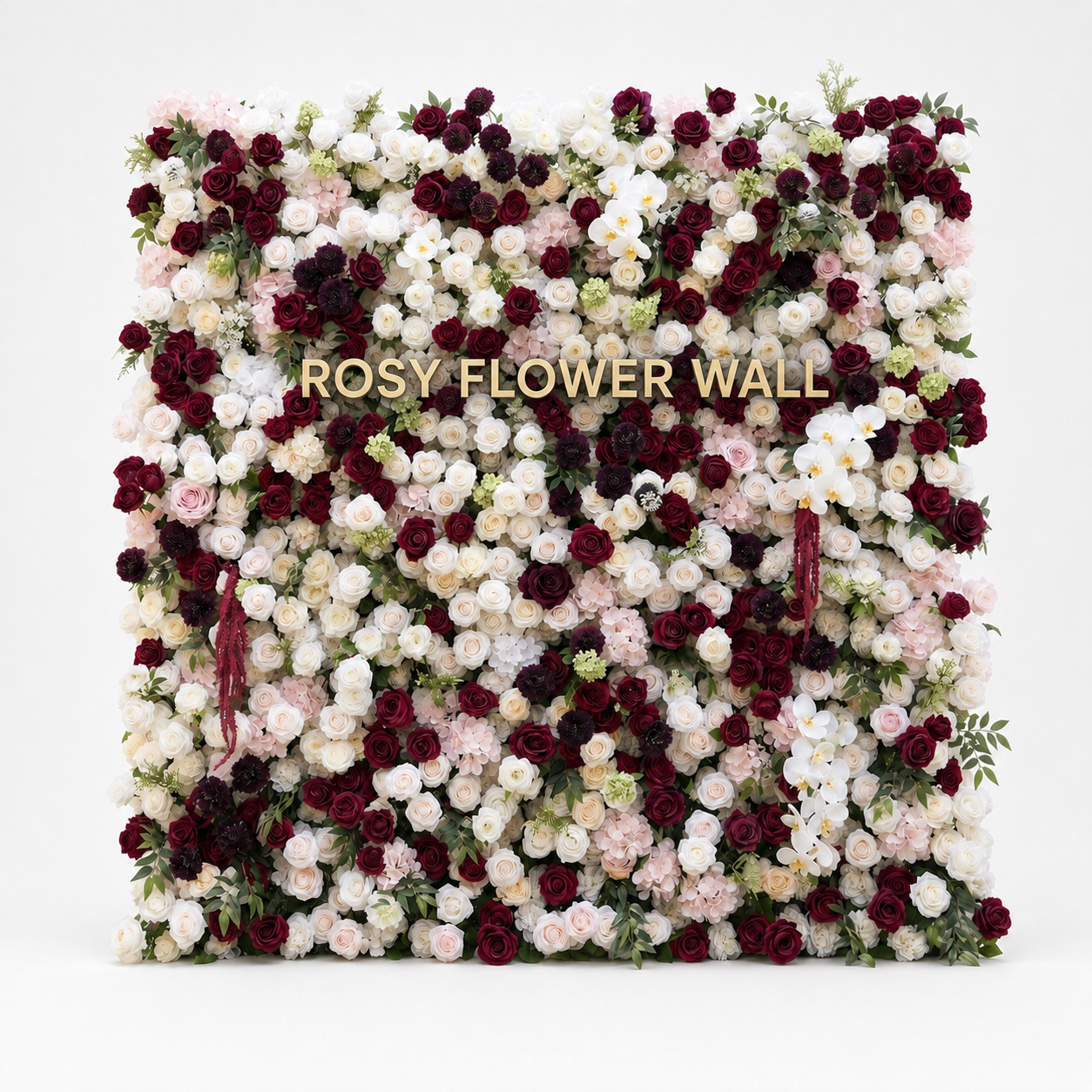 Flux burgundy and ivory flower wall with transparent Rosy Flower Wall logo