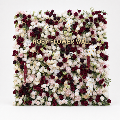 Flux burgundy and ivory flower wall with transparent Rosy Flower Wall logo