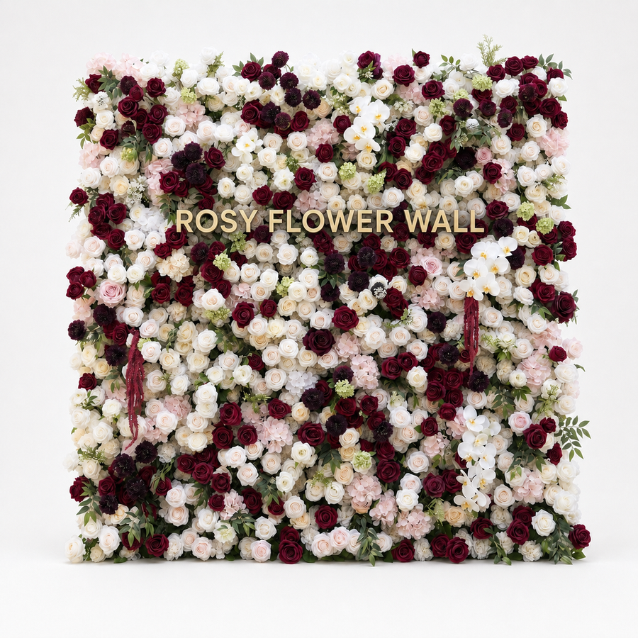 Flux burgundy and ivory flower wall with transparent Rosy Flower Wall logo
