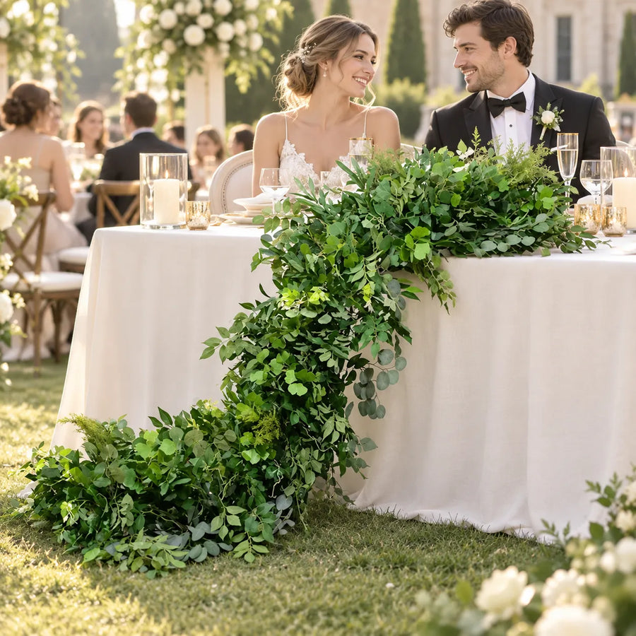 Rosy Green Plants Table Runner for Wedding Decoration in an AI-styled wedding scene