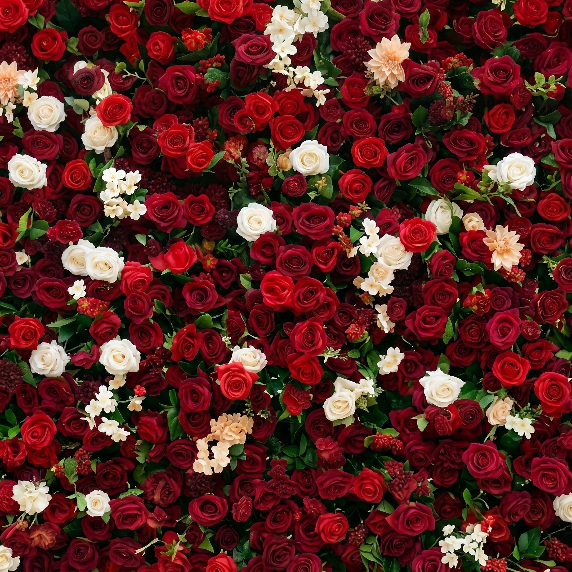 Close-up detail of Isla red burgundy and ivory artificial roses