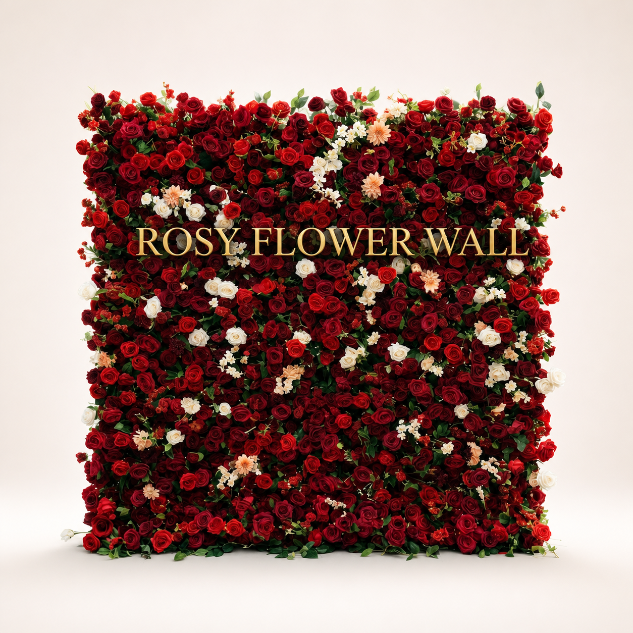 Isla red rose 3D artificial flower wall with ivory accents on warm white studio background