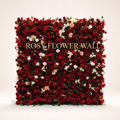 Isla red rose 3D artificial flower wall with ivory accents on warm white studio background