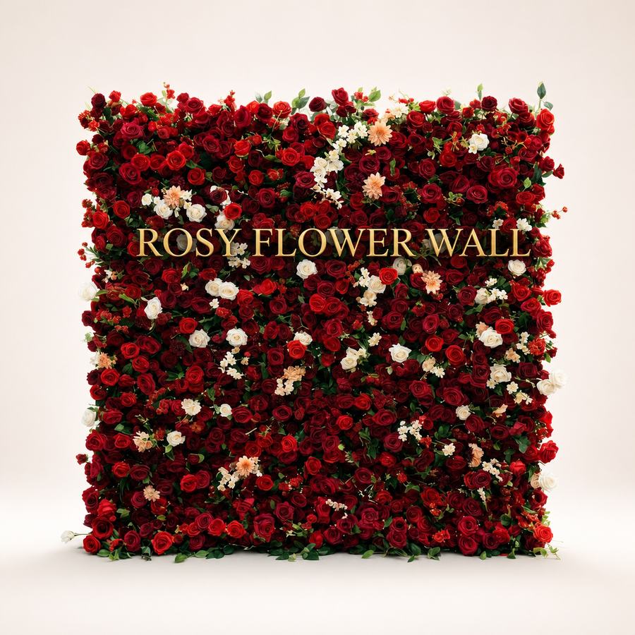 Isla red rose 3D artificial flower wall with ivory accents on warm white studio background