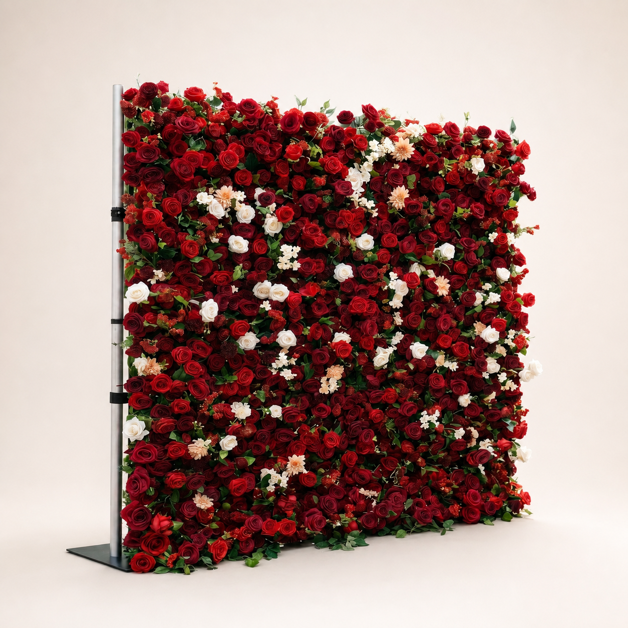 Isla red rose artificial flower wall side view with support stand