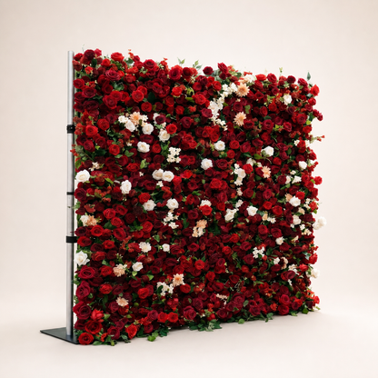 Isla red rose artificial flower wall side view with support stand