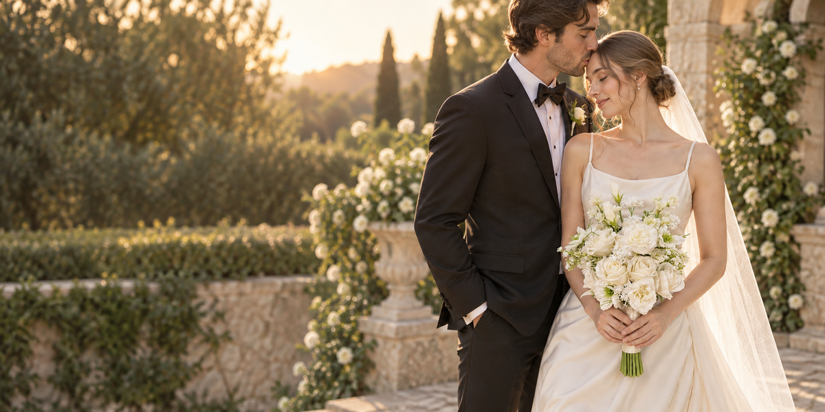 Bride holding an ivory bouquet as her groom kisses her forehead in a styled wedding scene