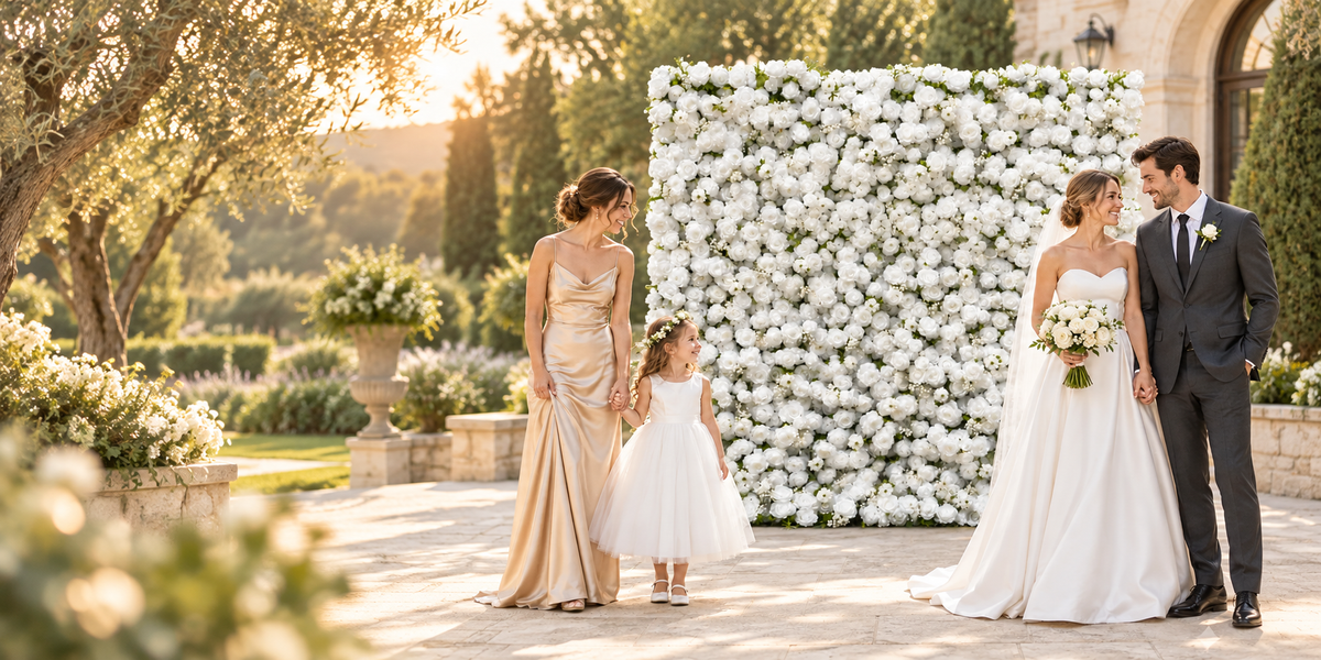Newlyweds and family sharing a moment in front of a square white flower wall in a styled wedding scene