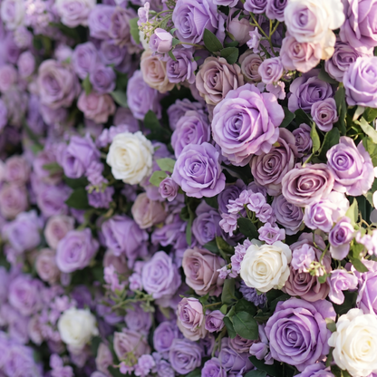 Dimensional detail of lavender purple and ivory roses