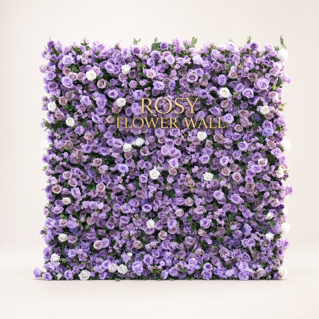 Purple lavender and ivory rose 3D artificial flower wall on warm white studio background