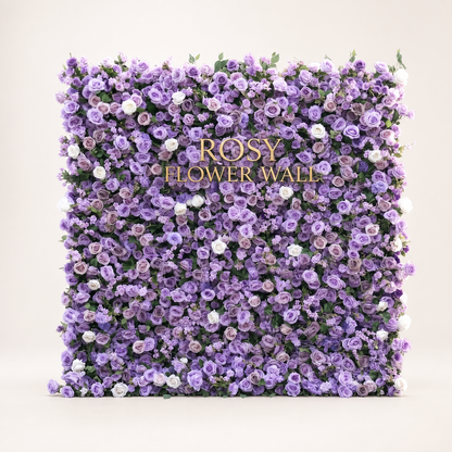 Purple lavender and ivory rose 3D artificial flower wall on warm white studio background