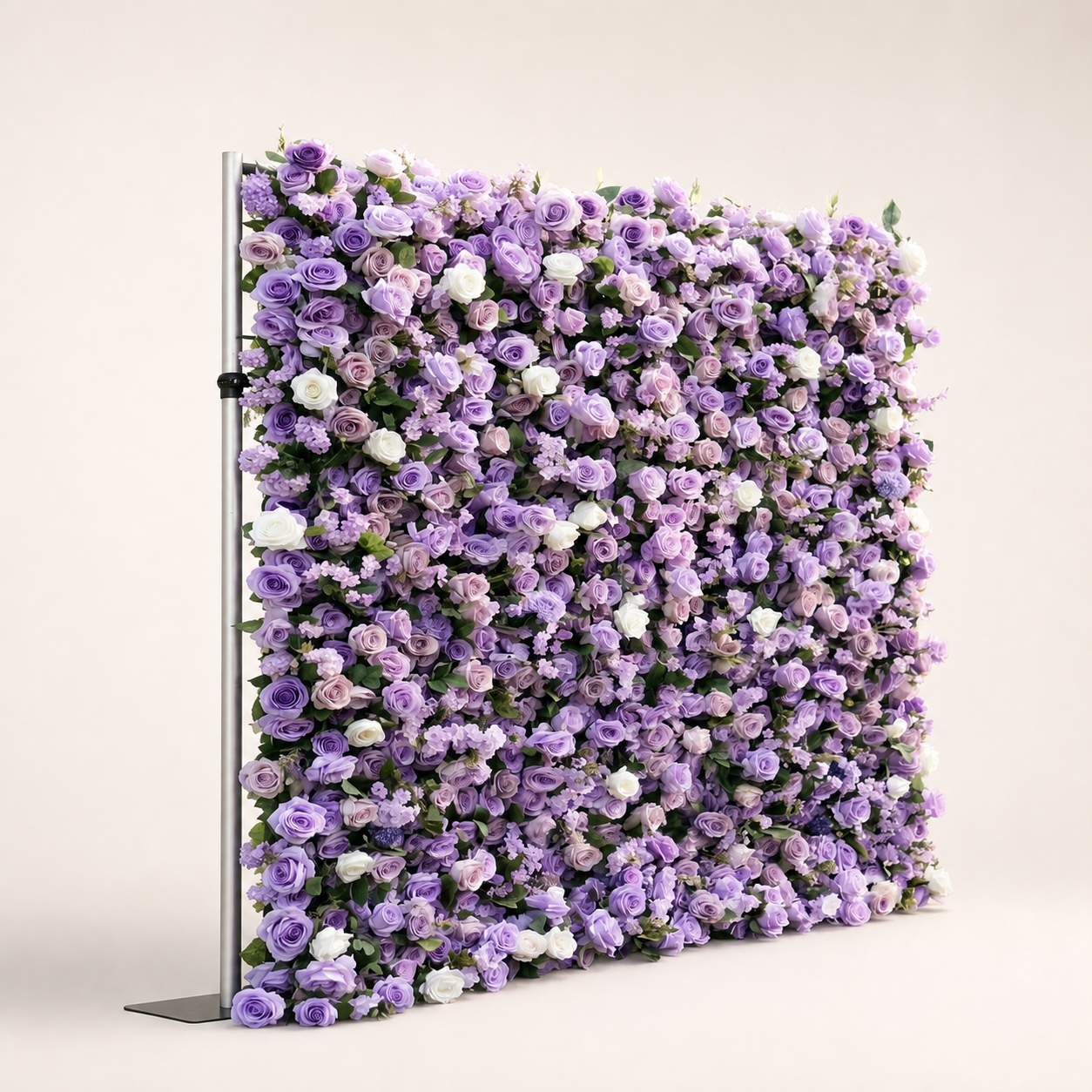 Purple and ivory rose flower wall side view with support stand