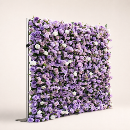 Purple and ivory rose flower wall side view with support stand