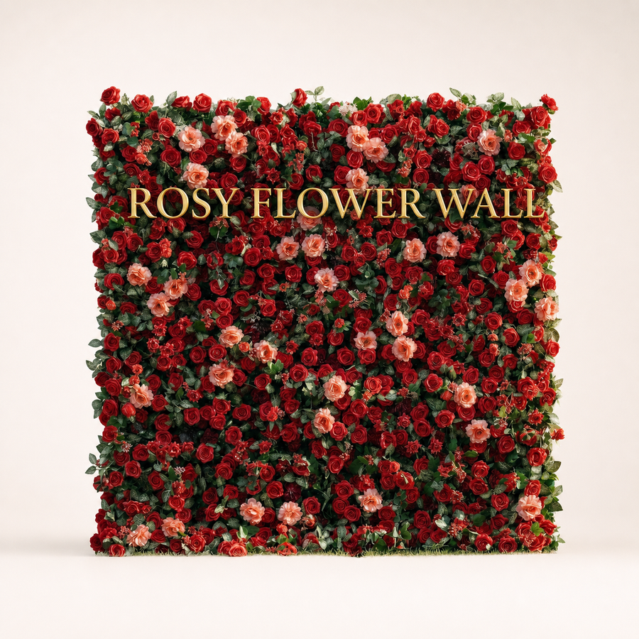 Deep red and coral rose 3D flower wall on warm white studio background