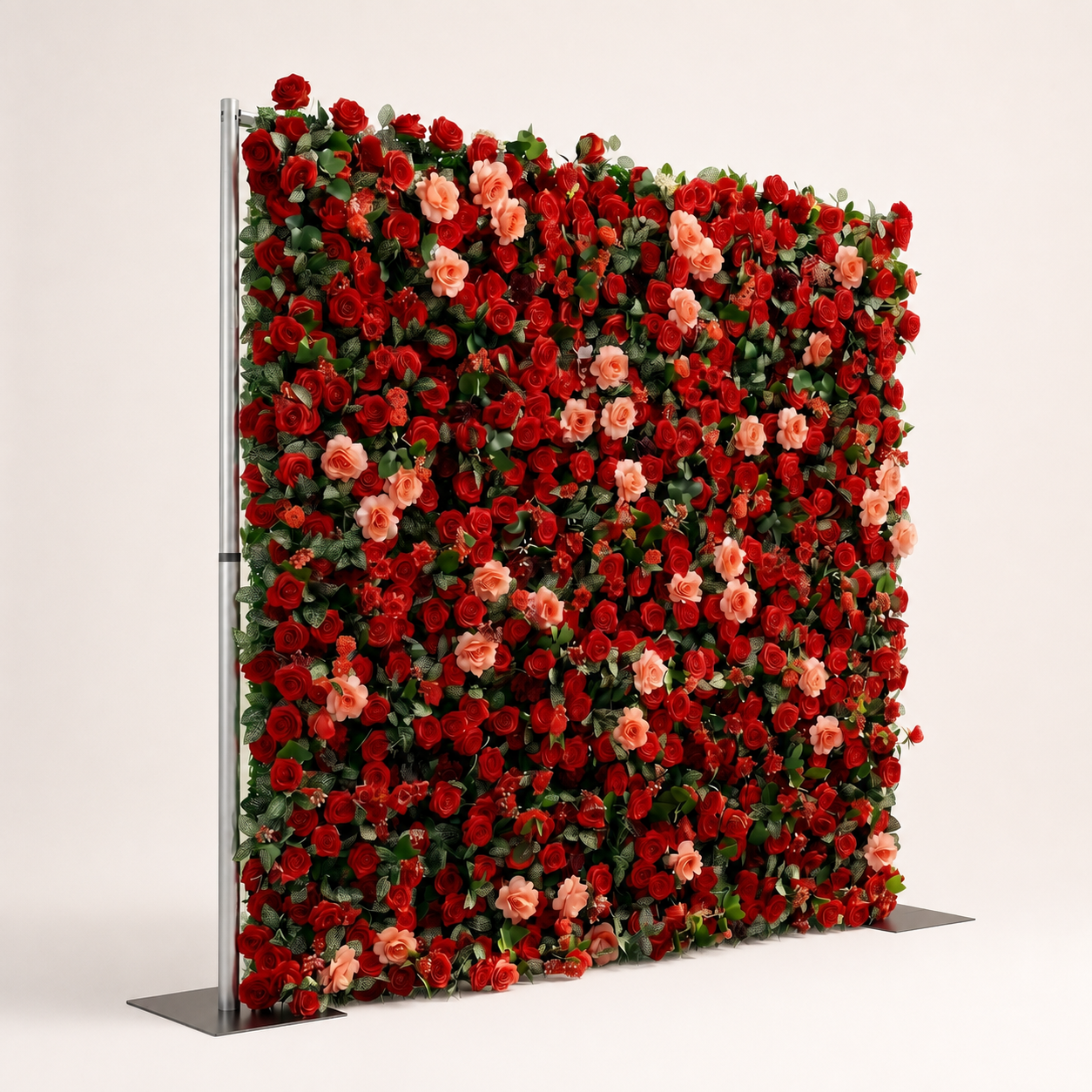Deep red and coral rose flower wall side view with support stand