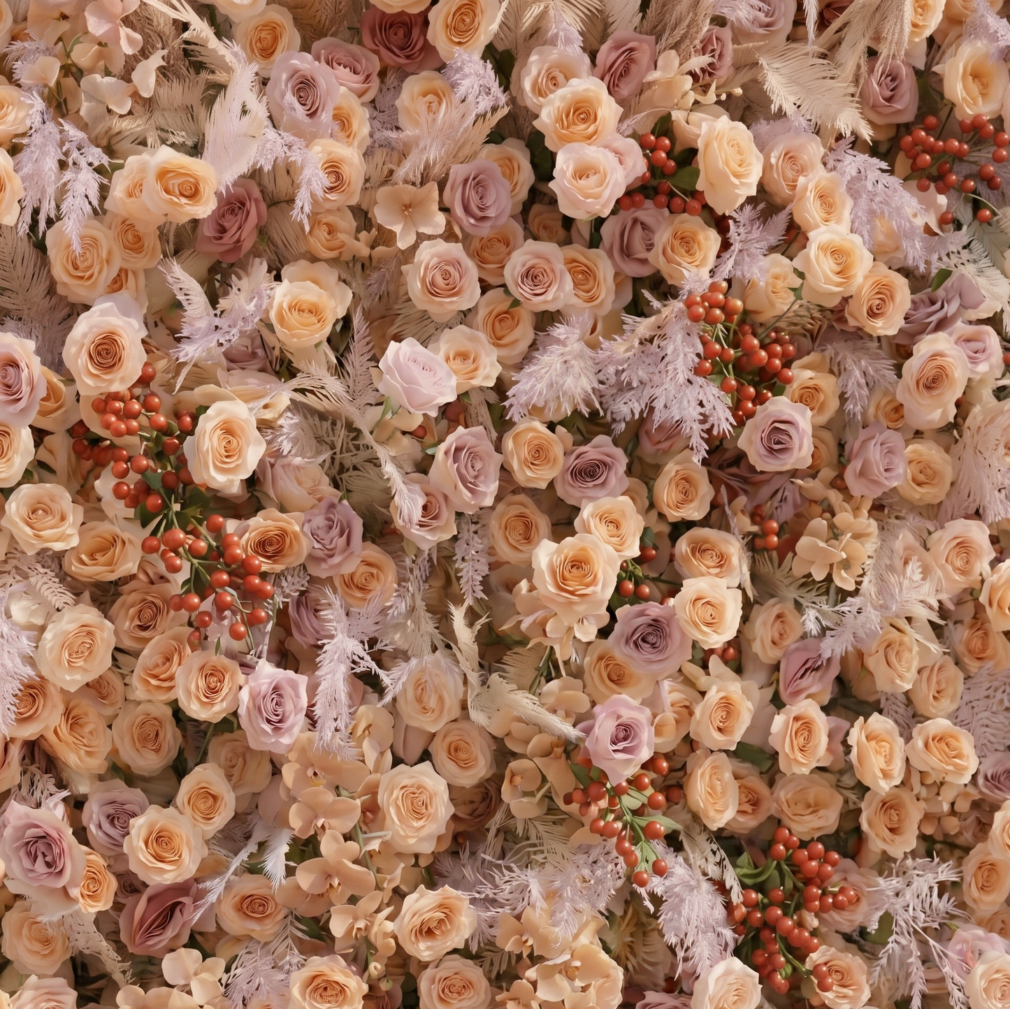 Close-up detail of champagne peach mauve roses and autumn berries