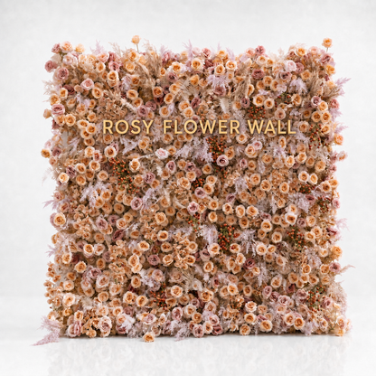 Rove champagne peach flower wall with transparent Rosy Flower Wall logo