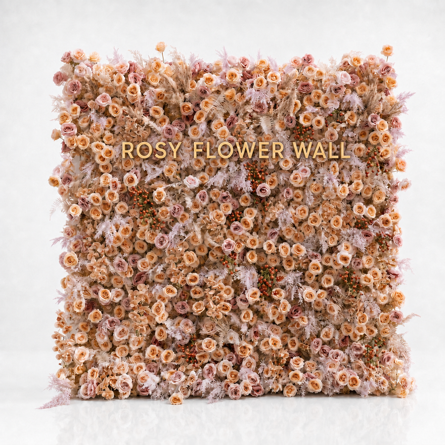 Rove champagne peach flower wall with transparent Rosy Flower Wall logo
