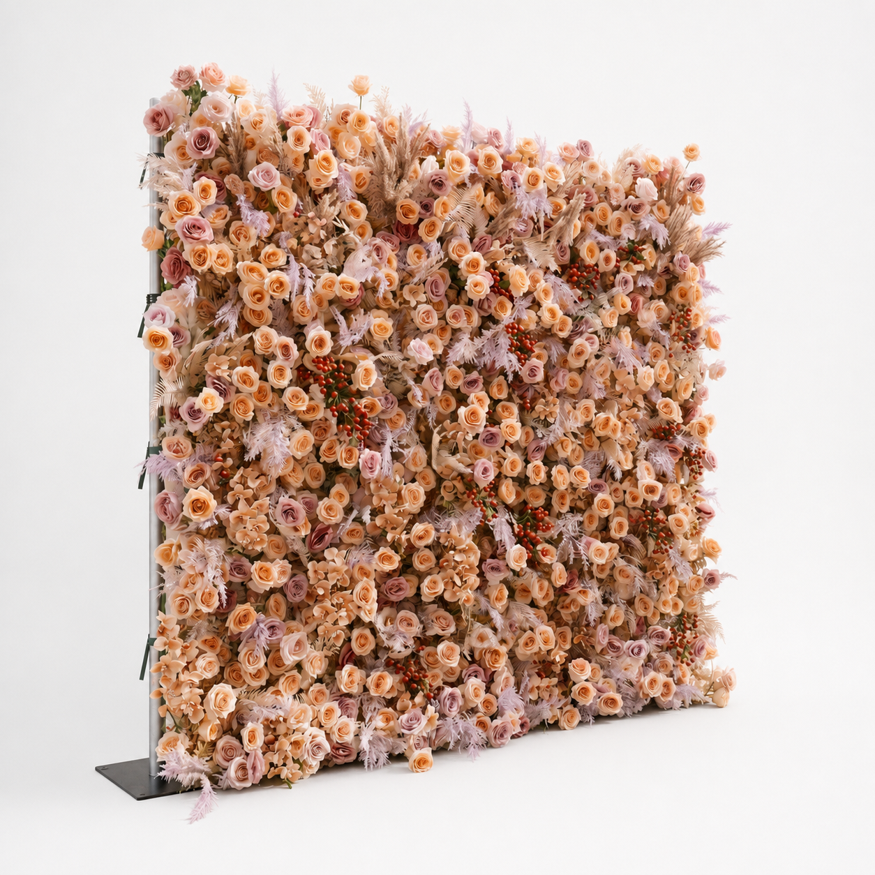 Side view of the Rove 3D artificial flower wall in a white studio