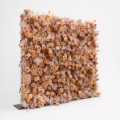 Side view of the Rove 3D artificial flower wall in a white studio