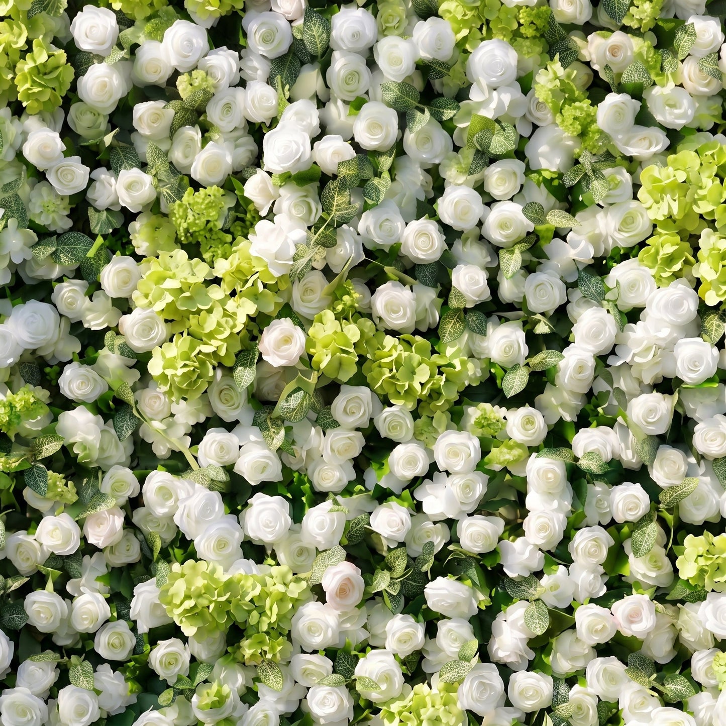 Close-up detail of white roses and lime green hydrangeas