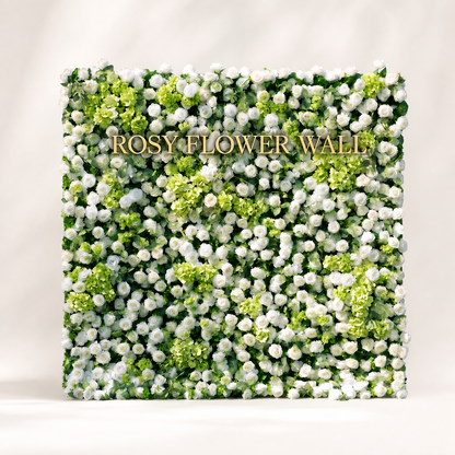 White rose and lime green hydrangea flower wall on warm white studio background