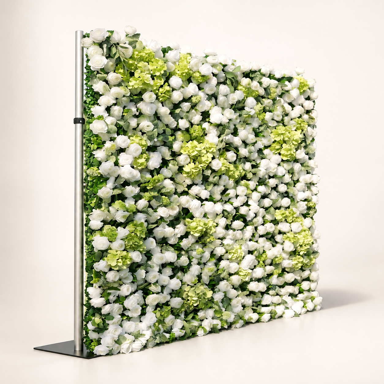 White rose and lime green hydrangea flower wall side view with support stand