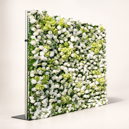 White rose and lime green hydrangea flower wall side view with support stand