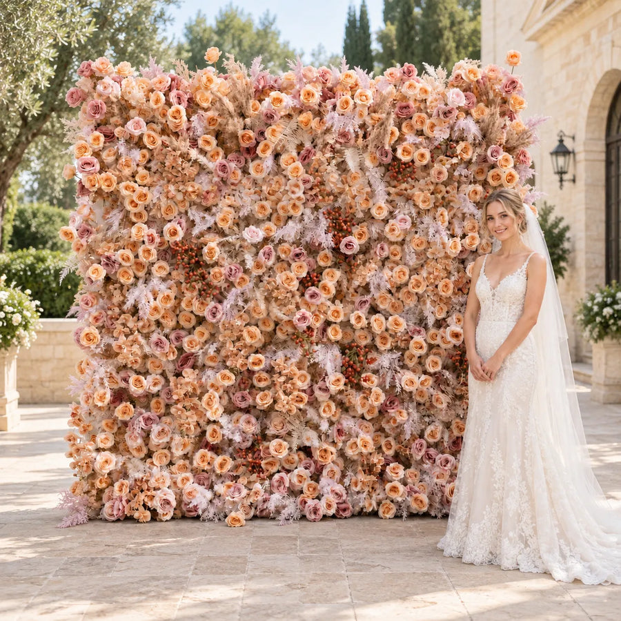 Champagne & Peach 3D Artificial Flower Wall with Autumn Berries in an AI-styled wedding scene