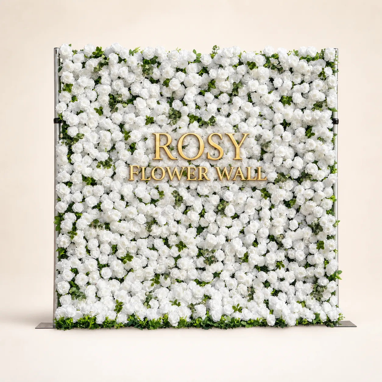 Artificial flower wall front view with gold Rosy Flower Wall logo on warm white background