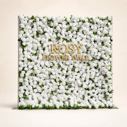 Artificial flower wall front view with gold Rosy Flower Wall logo on warm white background