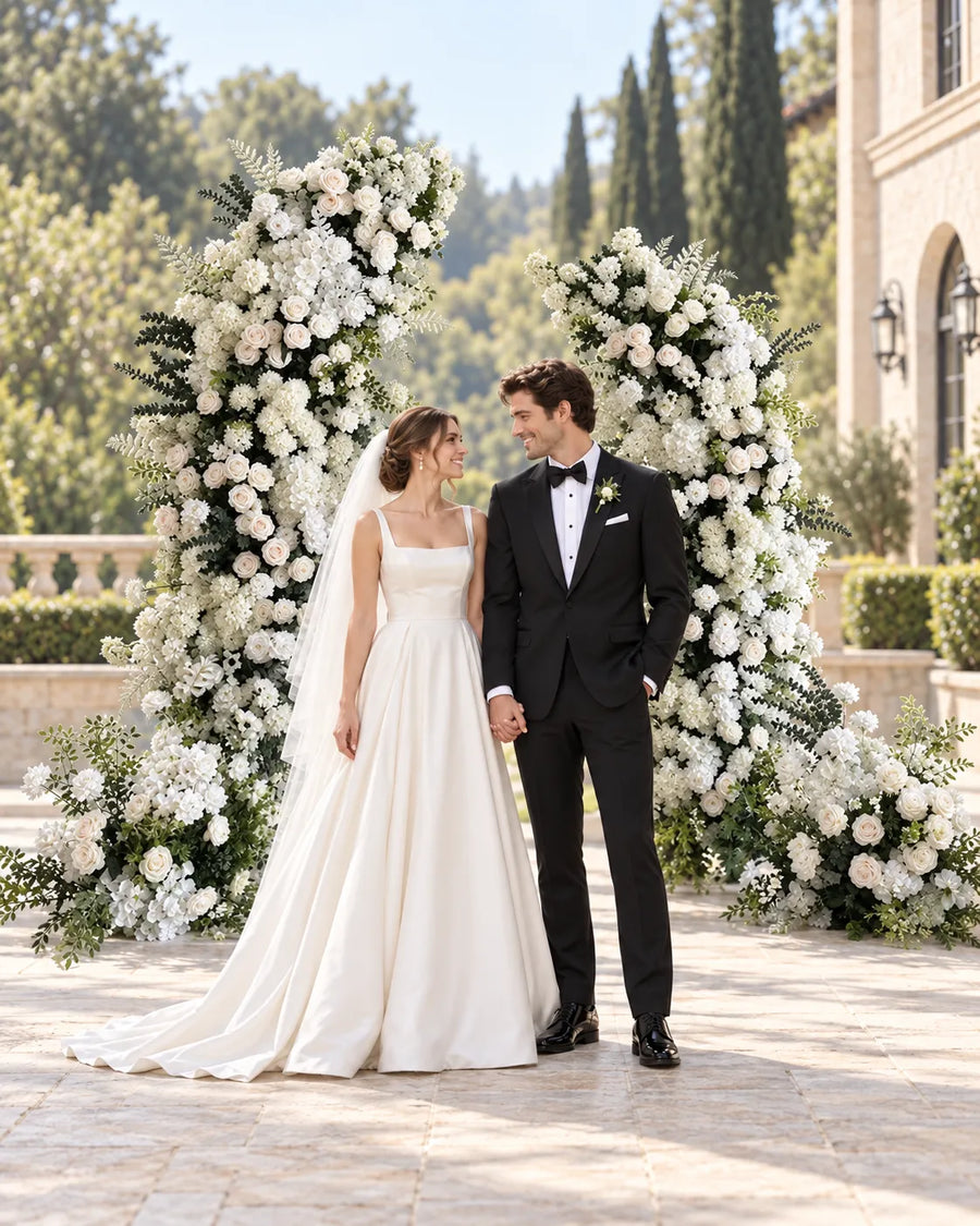 Snow White Floral Wedding Arch in an AI-styled wedding scene