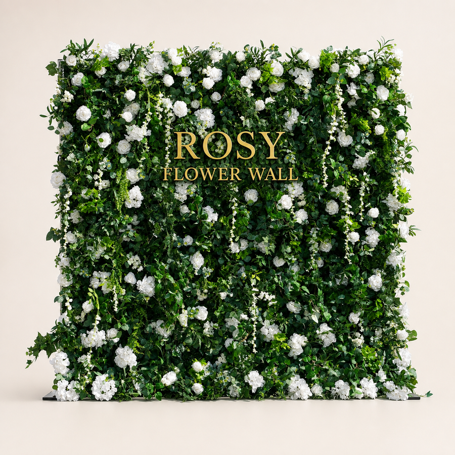 Spring 3D white rose and greenery flower wall in warm white studio with gold ROSY FLOWER WALL logo