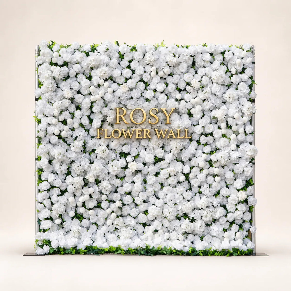Artificial flower wall front view with gold Rosy Flower Wall logo on warm white background
