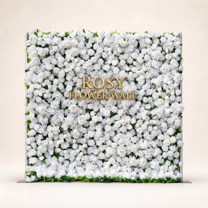 Artificial flower wall front view with gold Rosy Flower Wall logo on warm white background