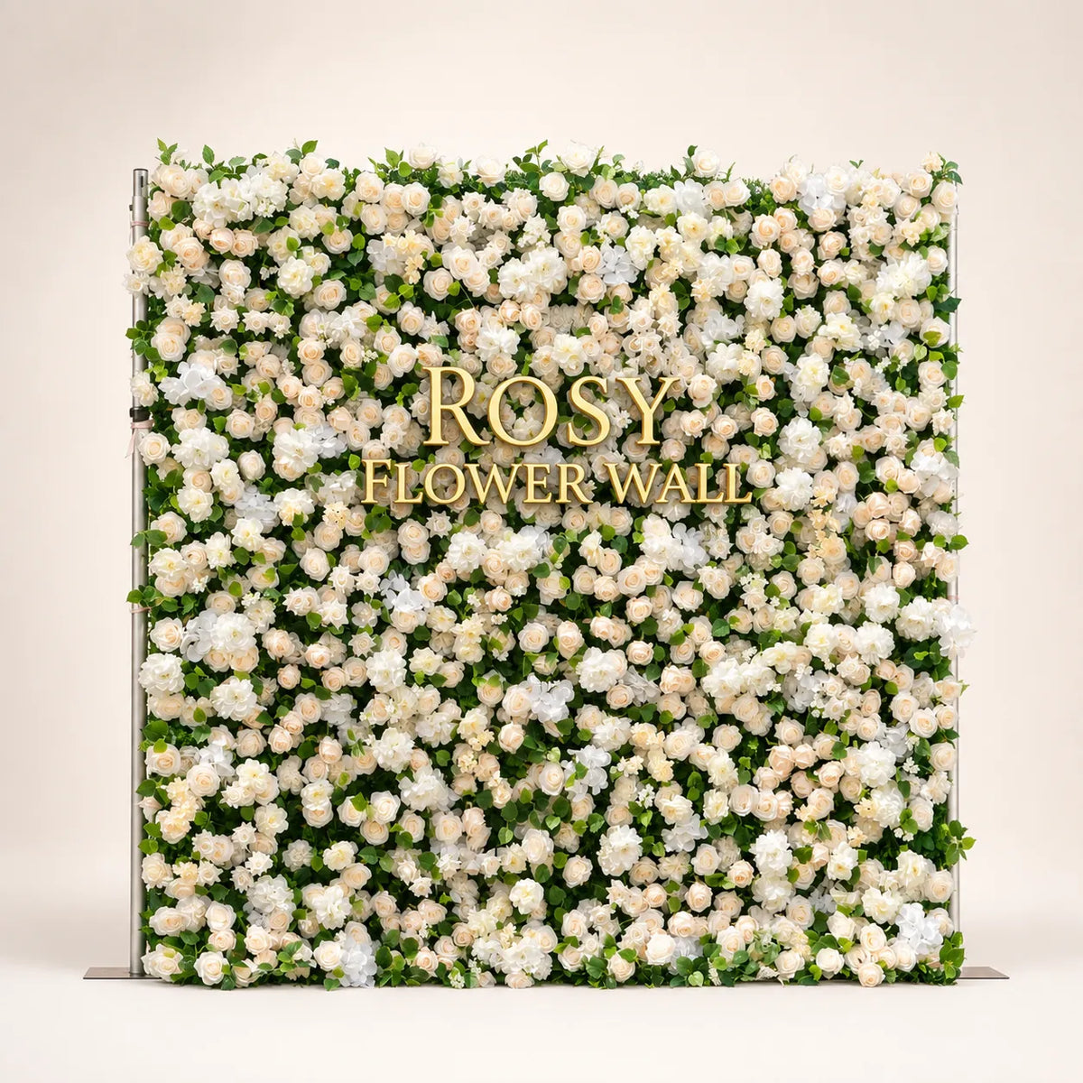 Artificial flower wall front view with gold Rosy Flower Wall logo on warm white background
