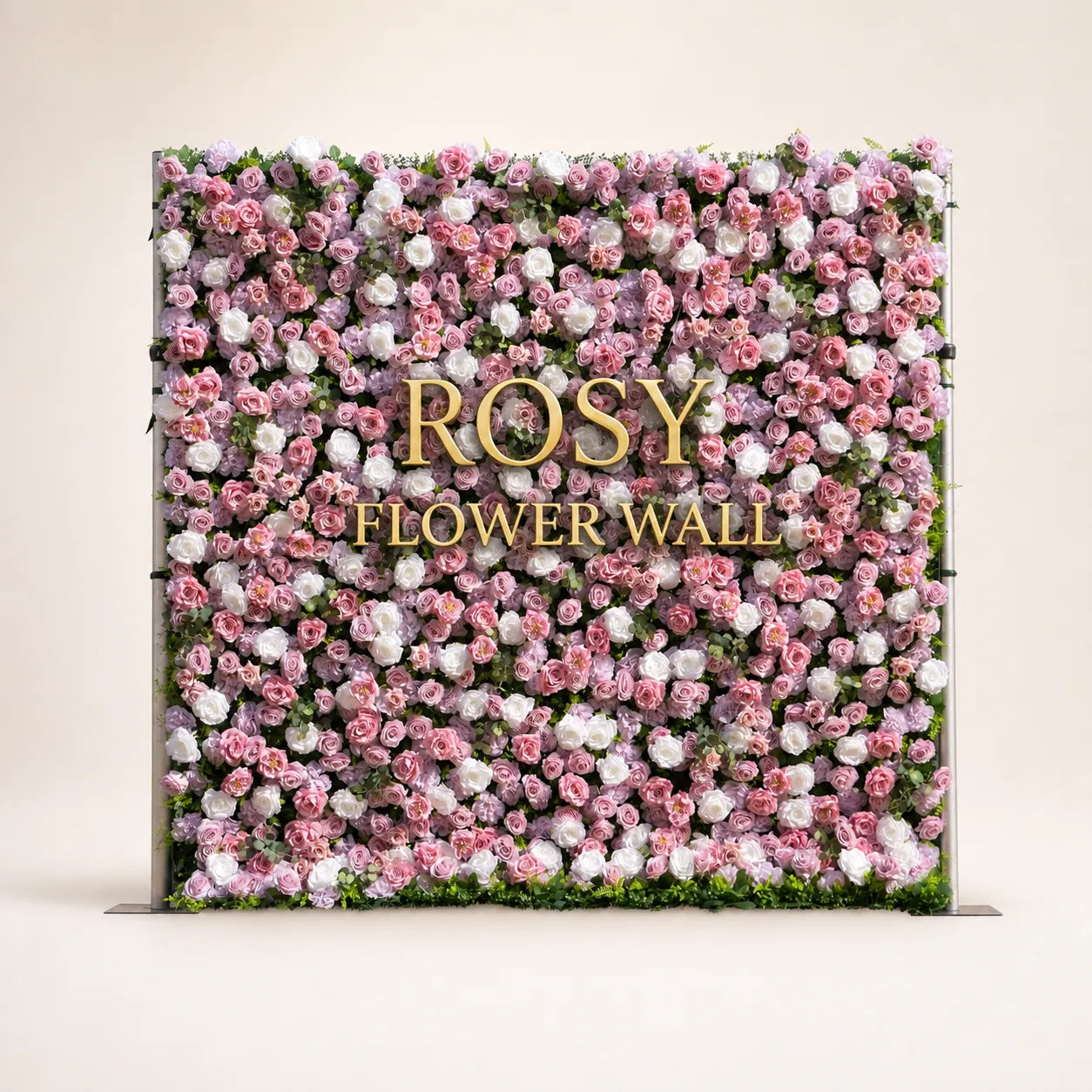 Artificial flower wall front view with gold Rosy Flower Wall logo on warm white background