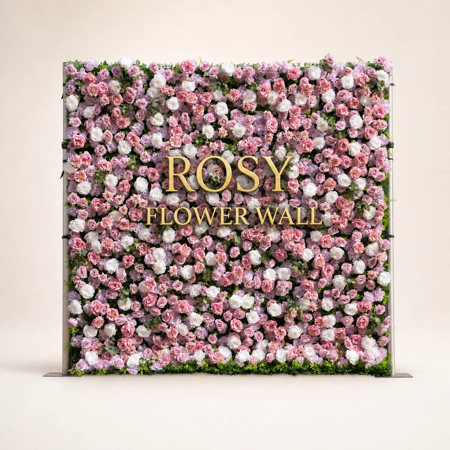 Artificial flower wall front view with gold Rosy Flower Wall logo on warm white background