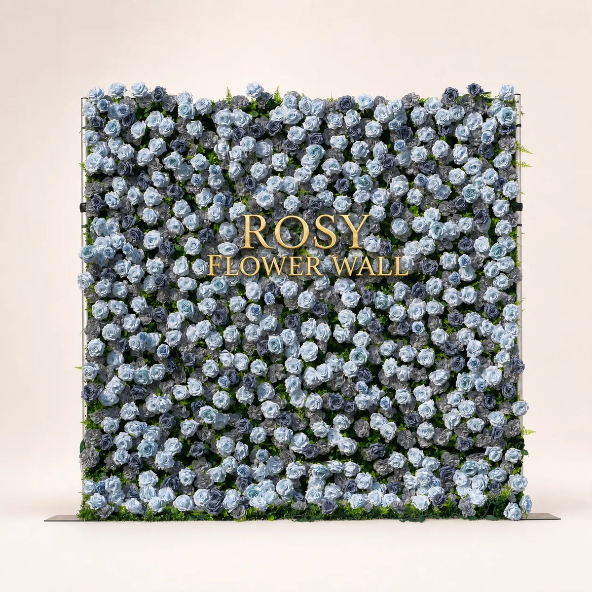 Artificial flower wall front view with gold Rosy Flower Wall logo on warm white background