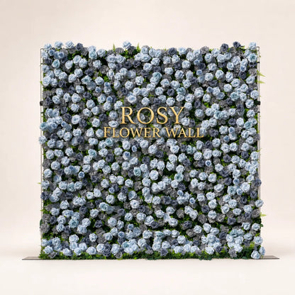 Artificial flower wall front view with gold Rosy Flower Wall logo on warm white background