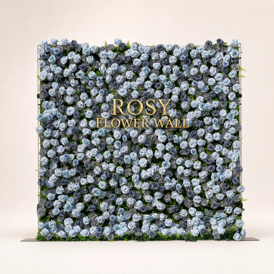 Artificial flower wall front view with gold Rosy Flower Wall logo on warm white background