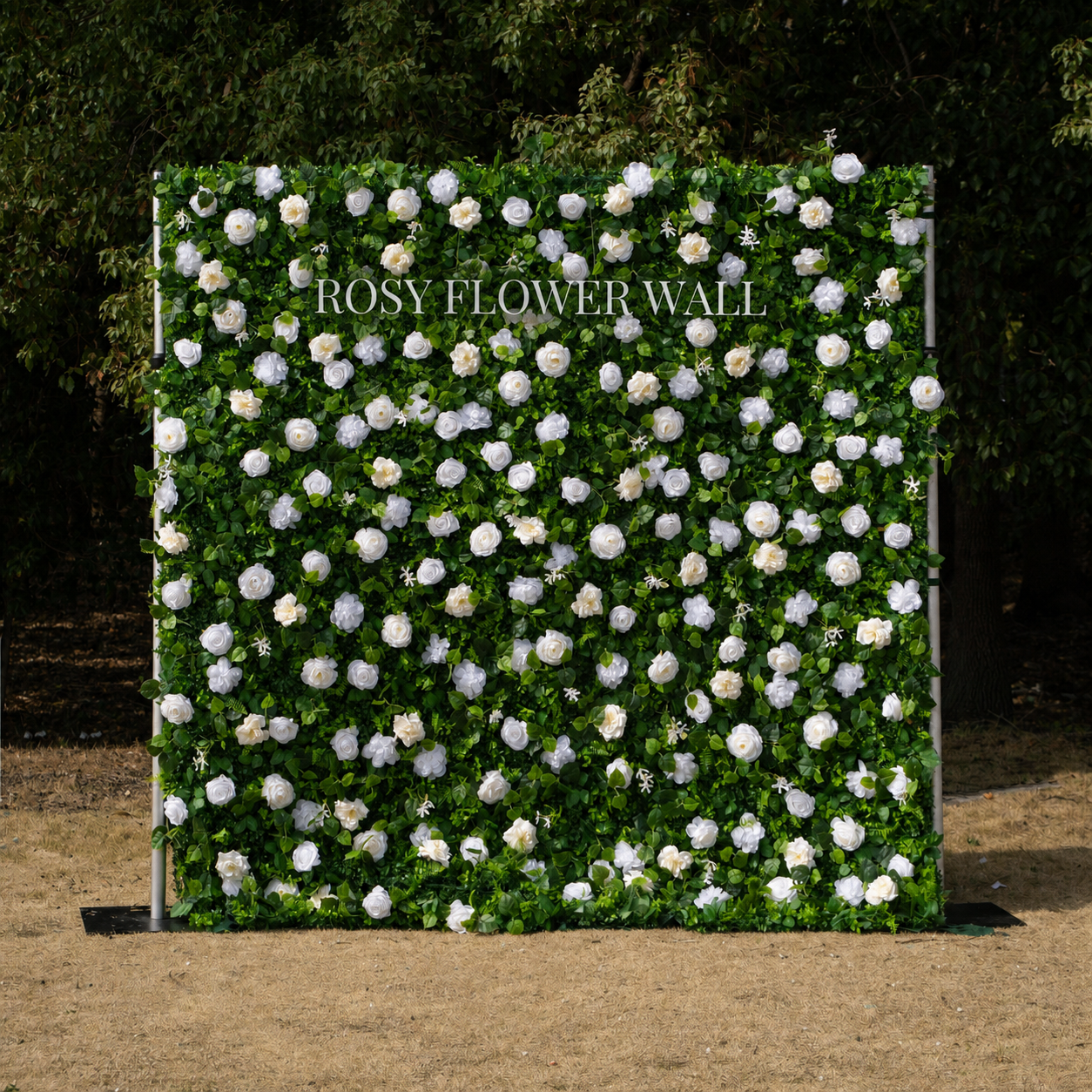 White rose greenery DIY flower wall with transparent Rosy Flower Wall logo