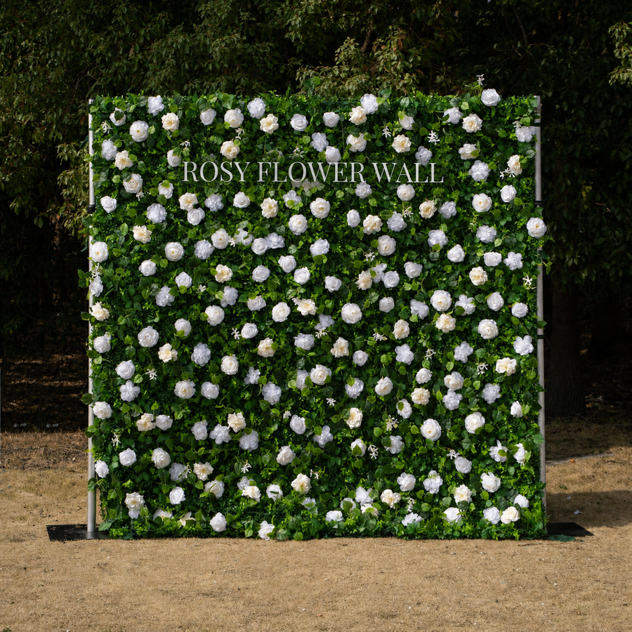 White rose greenery DIY flower wall with transparent Rosy Flower Wall logo