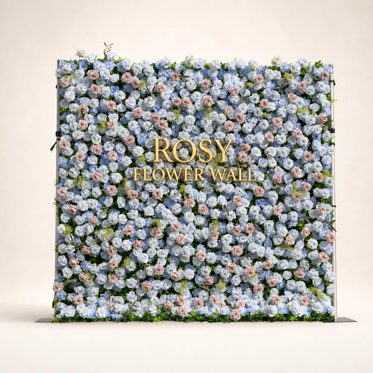 Artificial flower wall front view with gold Rosy Flower Wall logo on warm white background