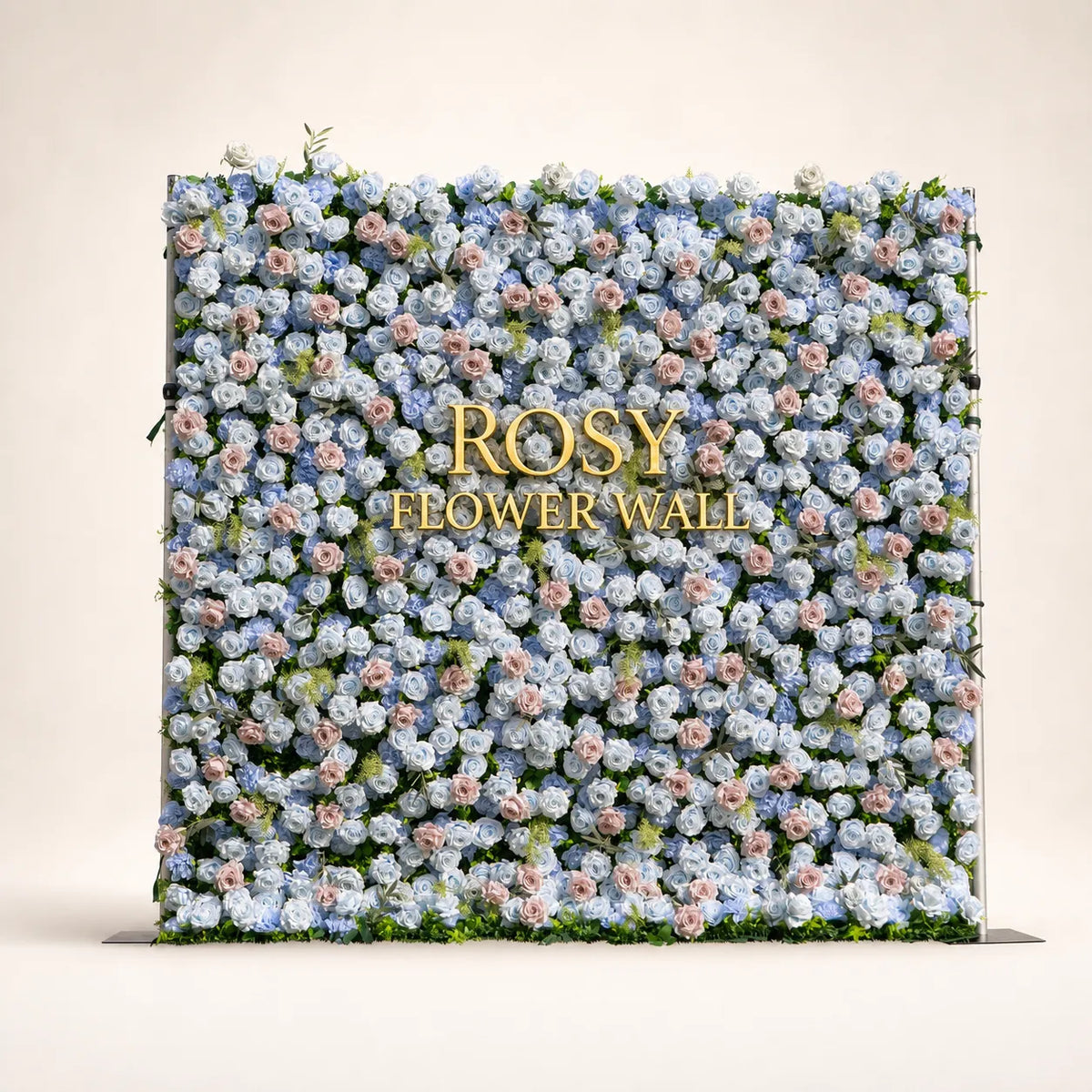 Artificial flower wall front view with gold Rosy Flower Wall logo on warm white background
