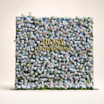 Artificial flower wall front view with gold Rosy Flower Wall logo on warm white background