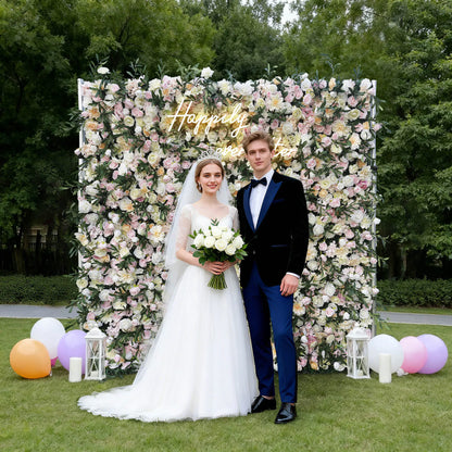 Rosy Wedding Backdrop Decor Green Leaves Pink Rose Fabric Cloth Flower Wall