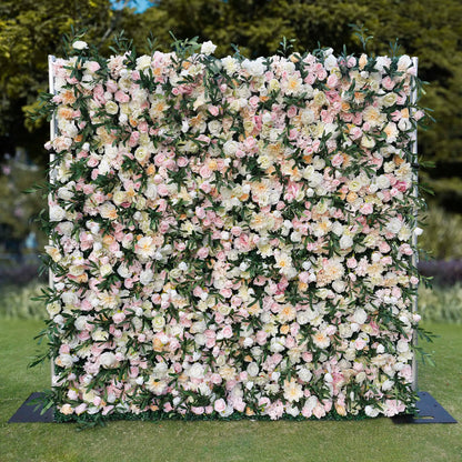 Rosy Wedding Backdrop Decor Green Leaves Pink Rose Fabric Cloth Flower Wall