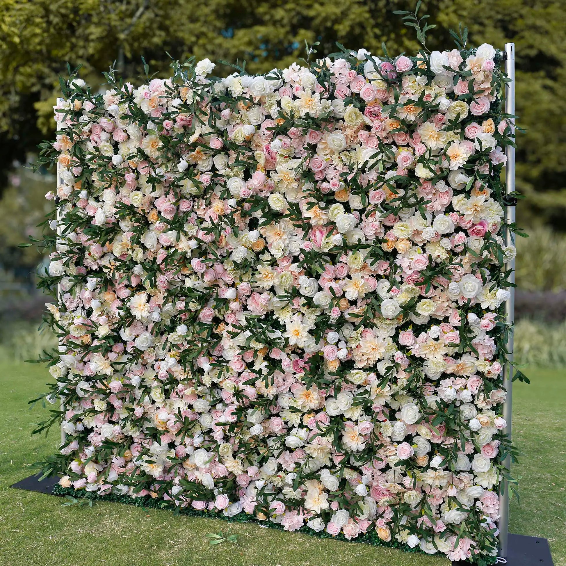 Rosy Wedding Backdrop Decor Green Leaves Pink Rose Fabric Cloth Flower Wall